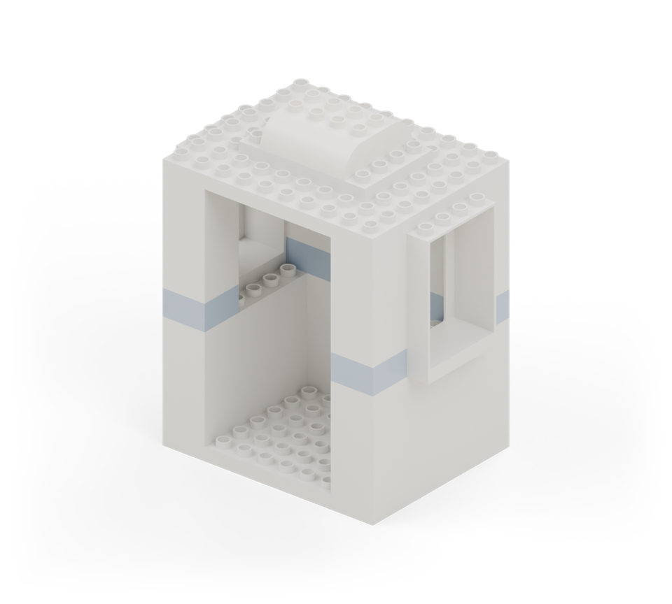 Put two white double-curved bricks side by side in the middle of the roof plate, running from back to front. New additions are shown in their original colours; earlier pieces are lighter.