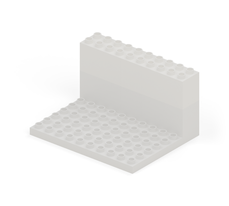 Add another row of white double-height bricks across the back: a 2 × 4, a square, then a 2 × 4. New additions are shown in their original colours; earlier pieces are lighter.