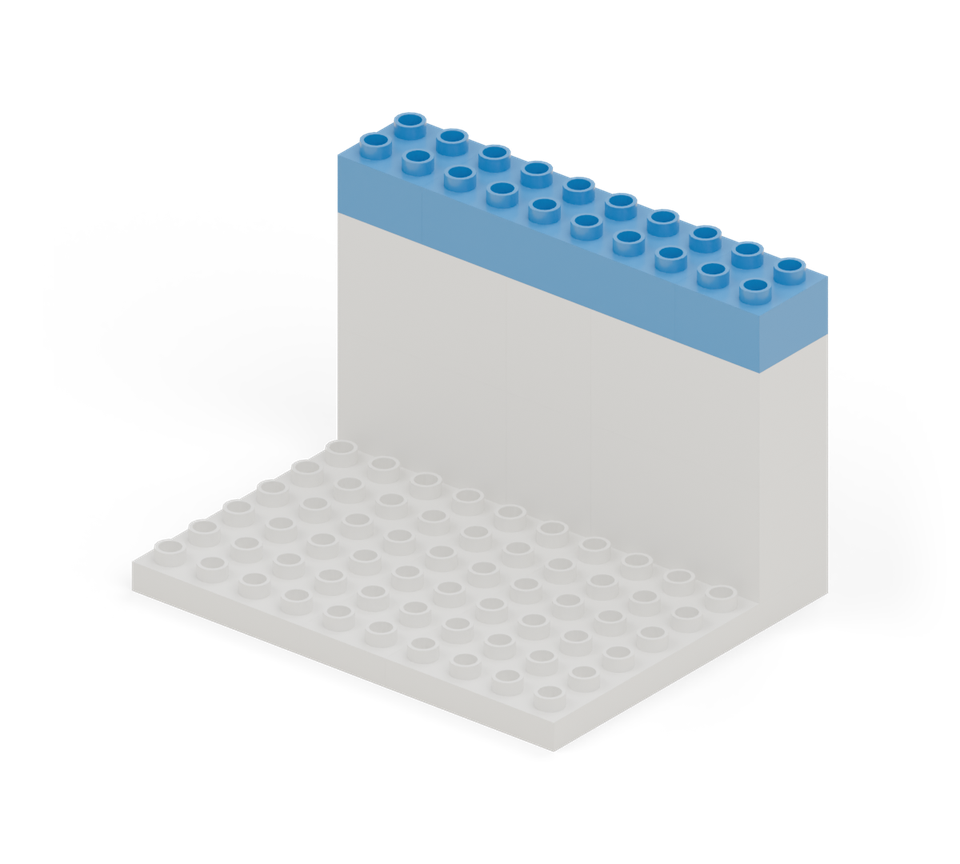 Join the back wall with a blue 2 × 6 brick across the middle and a blue square at each end. The long brick crosses both joins in the floor. New additions are shown in their original colours; earlier pieces are lighter.