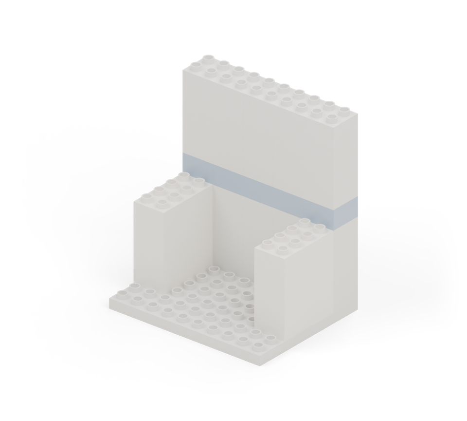 On each side, stack two white double-height 2 × 4 bricks, running from the back wall towards the front. Keep them inside the floor edges, over rows three to six. New additions are shown in their original colours; earlier pieces are lighter.