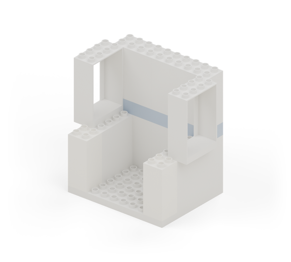 In each front corner, stack two white double-height squares. Leave the six middle columns clear for the entrance. New additions are shown in their original colours; earlier pieces are lighter.