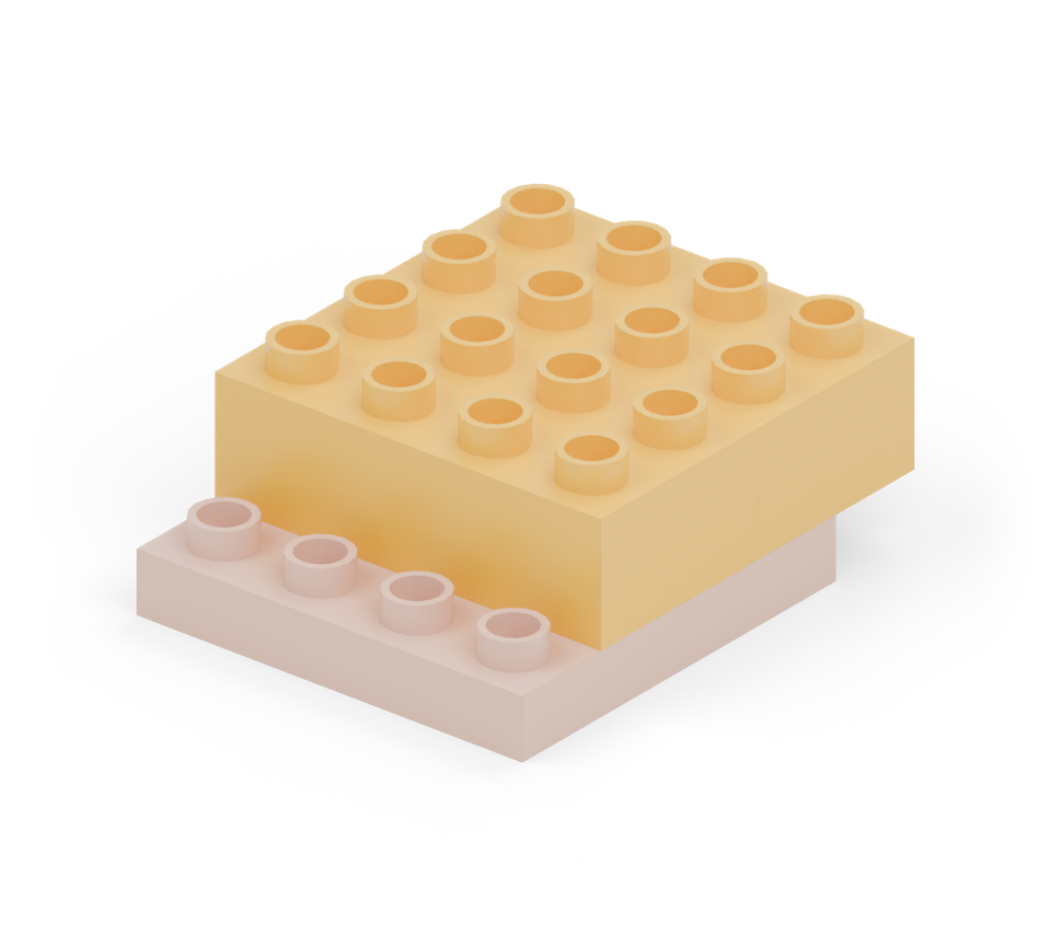 Make the yellow body with two long bricks across the feet, side by side. The body projects one row behind the feet; one orange row remains showing at the front.