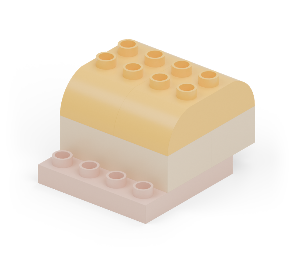 Add two yellow double-curved bricks along the body, with their rounded ends facing the front and back.