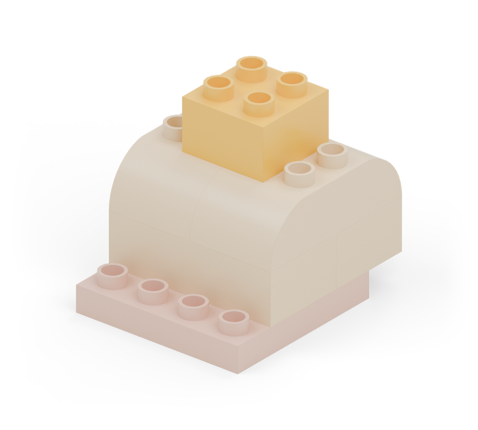 Centre the yellow square on the body for the head. It joins the two curved bricks.