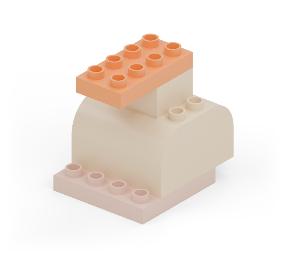 Place the orange small plate on the head for the bill. Its back edge lines up with the head; two rows project forward.