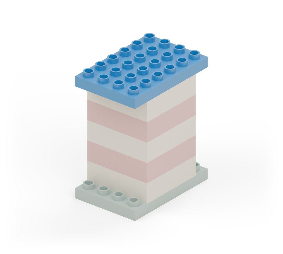 Cover the tower with the blue wide plate, aligned with the green base, to make a balcony.