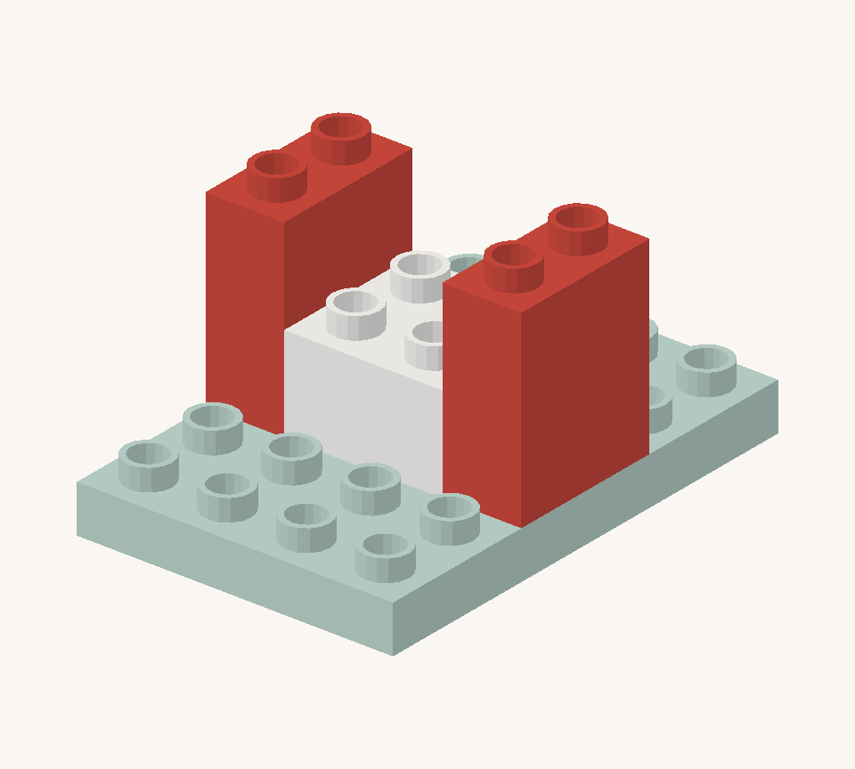 Add a red wall brick along each side of the white brick for two tall fins. New additions are shown in their original colours; earlier pieces are lighter.