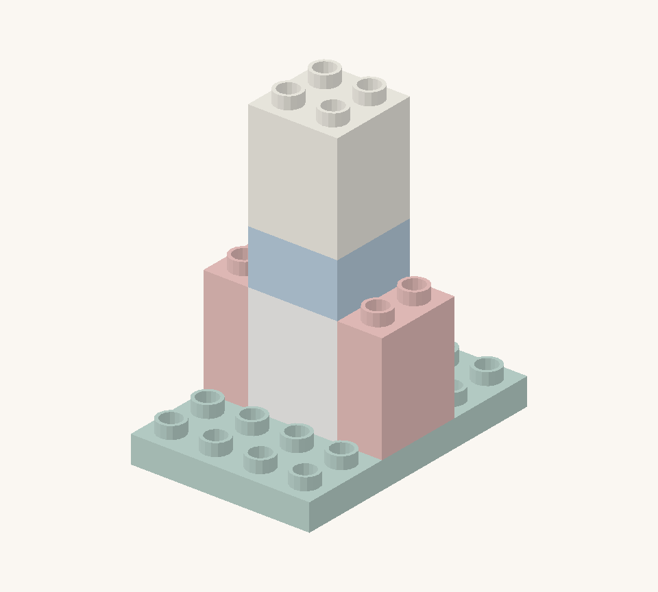 Add two more white squares to the centre column, one above the other. New additions are shown in their original colours; earlier pieces are lighter.