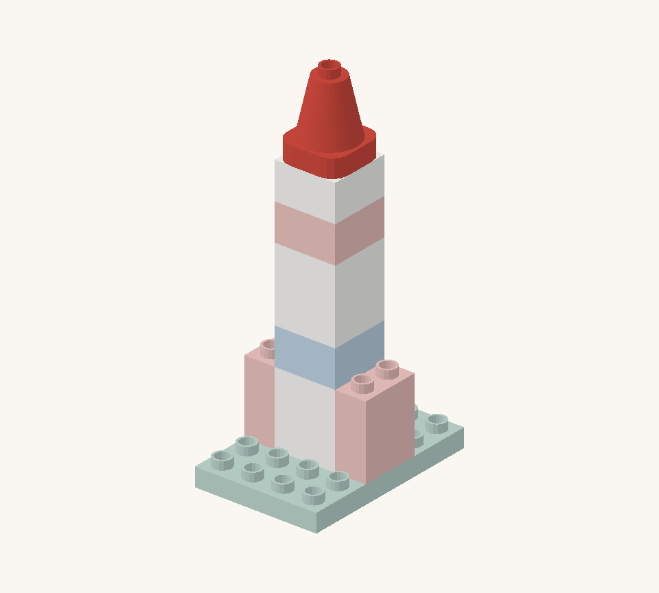 Finish with the red cone as the pointed nose. Leave its small top stud free. New additions are shown in their original colours; earlier pieces are lighter.