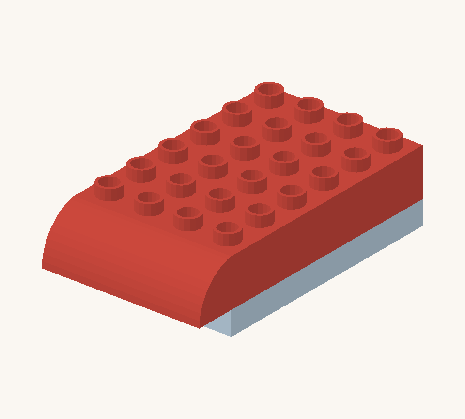 Make the red hull with two long bricks side by side at the back and two curves at the front. Point the rounded bow ends forward, one row beyond the blue plate. New additions are shown in their original colours; earlier pieces are lighter.