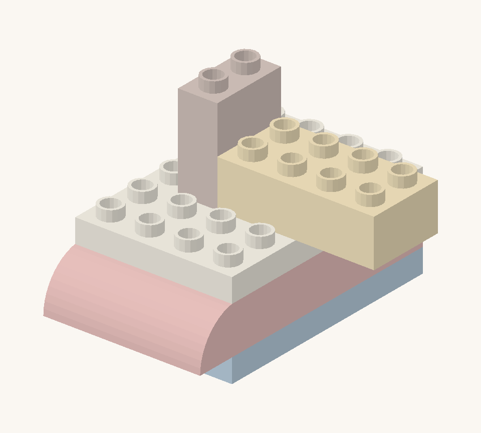 Start the larger cream sail beside the right of the mast. Turn a cream long brick across the deck so half of it projects beyond the boat’s right side. New additions are shown in their original colours; earlier pieces are lighter.