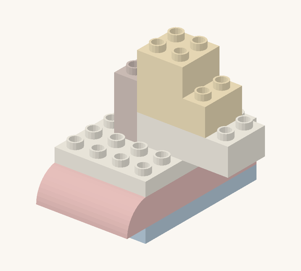 Taper that sail with a cream medium brick across the layer below, then a cream square. Keep both layers against the mast. New additions are shown in their original colours; earlier pieces are lighter.