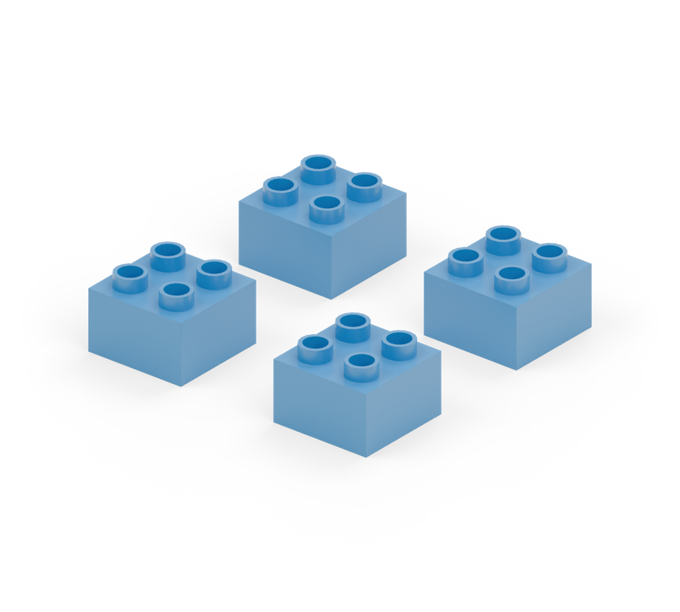Set out four blue square feet in a six-by-six square. Leave two stud columns between left and right feet and two clear rows between the front and back pairs. New additions are shown in their original colours; earlier pieces are lighter.