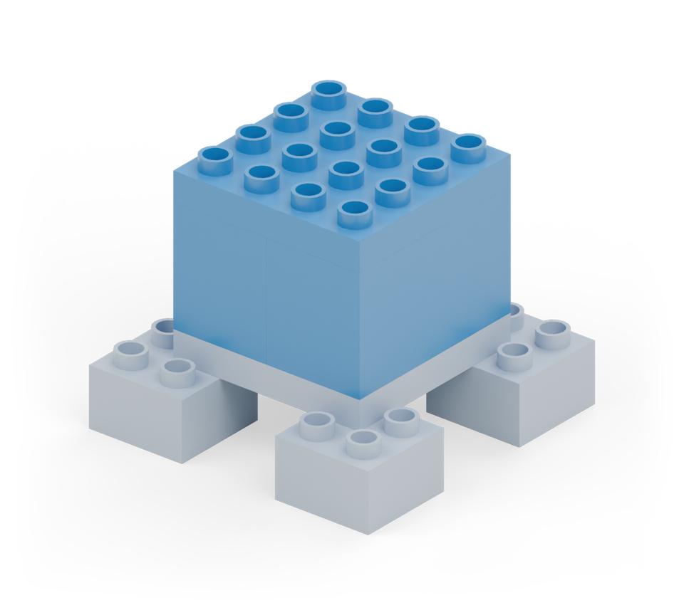 Build the body with two blue tall long bricks side by side. Cover them with another blue square plate. New additions are shown in their original colours; earlier pieces are lighter.