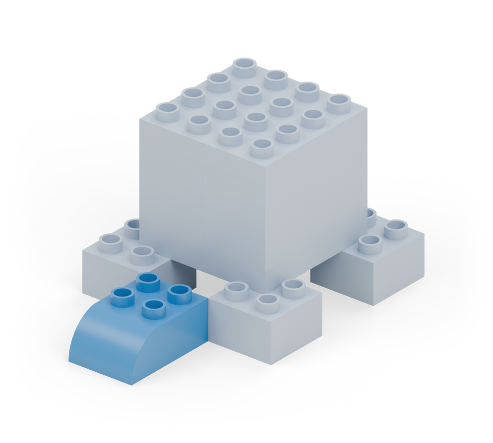 Start the trunk in front of the body with a blue curved brick on the table, rounded end pointing forward. Centre it left to right, with one clear row between it and the body. New additions are shown in their original colours; earlier pieces are lighter.