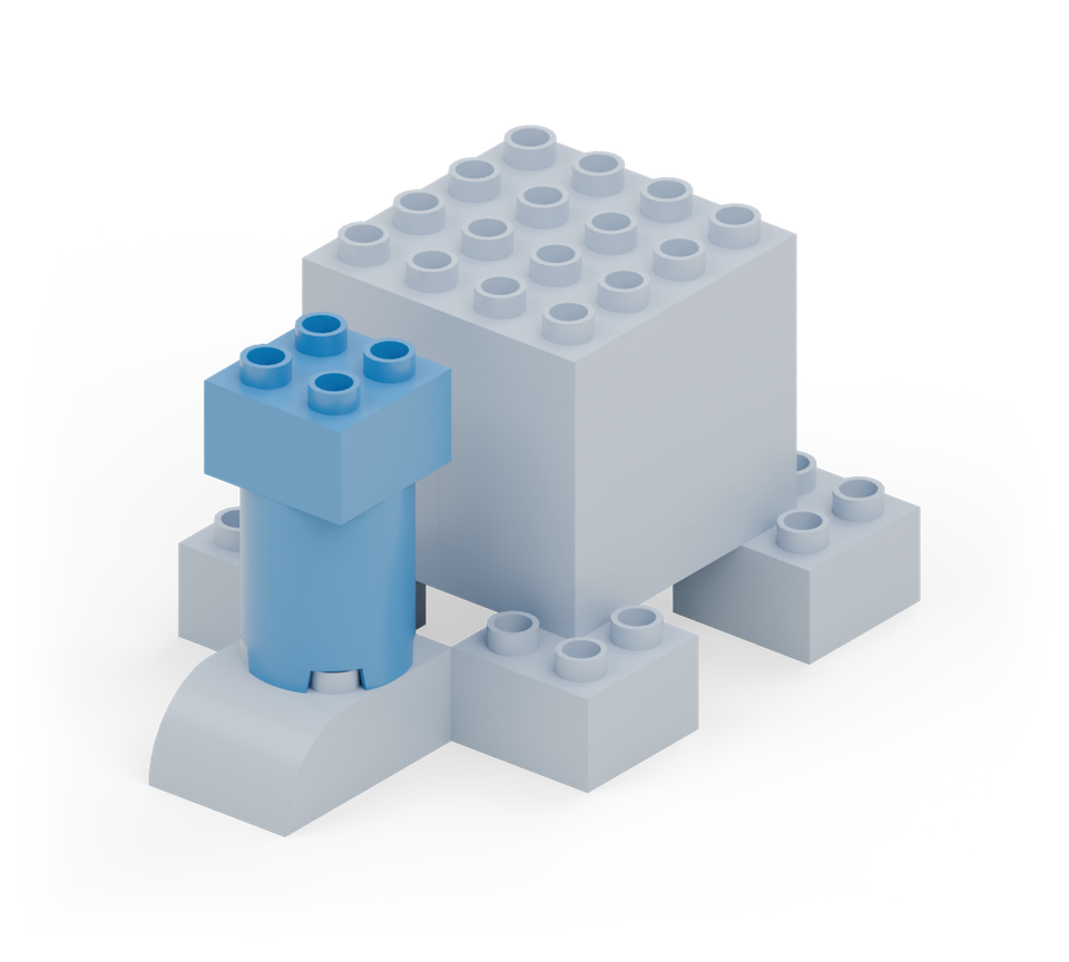Stack a blue round tower brick on the trunk’s two flat rows, then a blue square. The top now lines up with the body plate. New additions are shown in their original colours; earlier pieces are lighter.