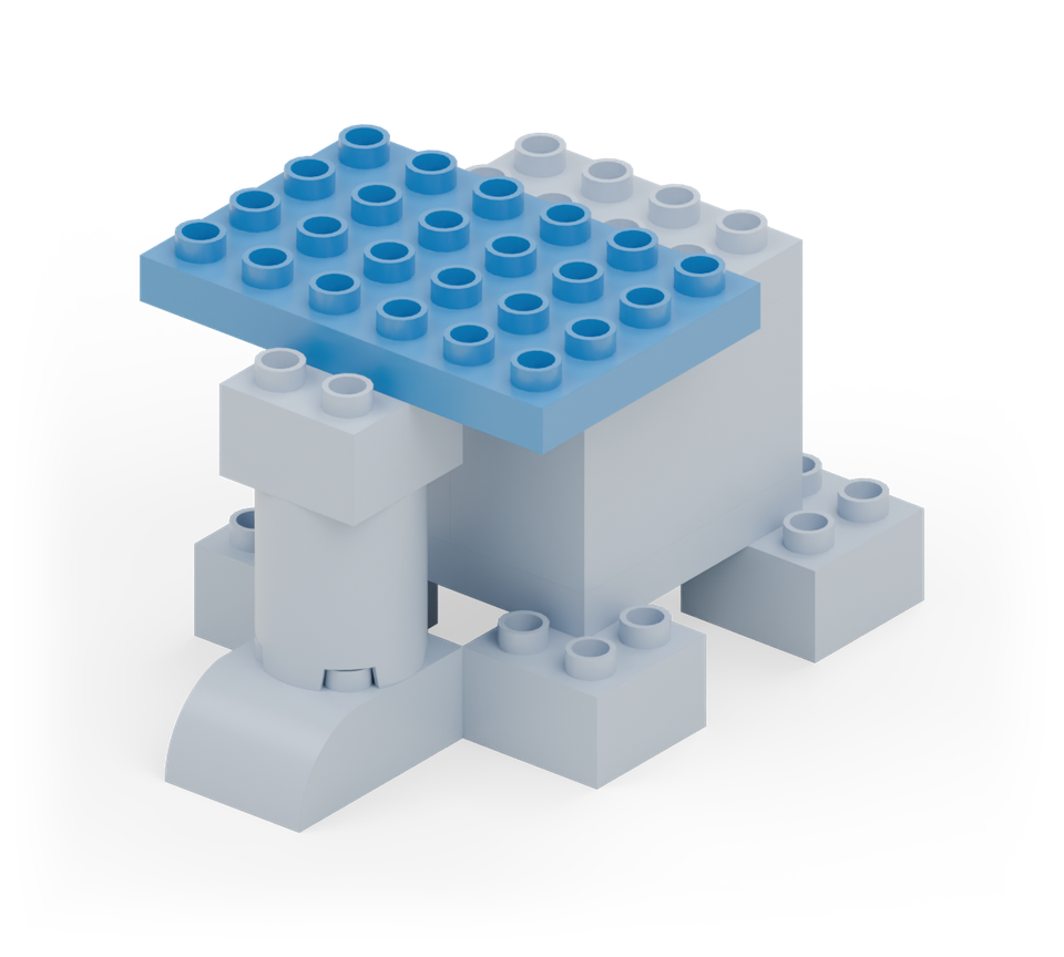 Turn the blue wide plate across the front of the body to join it to the trunk. Its six-stud width reaches the outside edges of the feet, and its front row sits on the trunk. New additions are shown in their original colours; earlier pieces are lighter.
