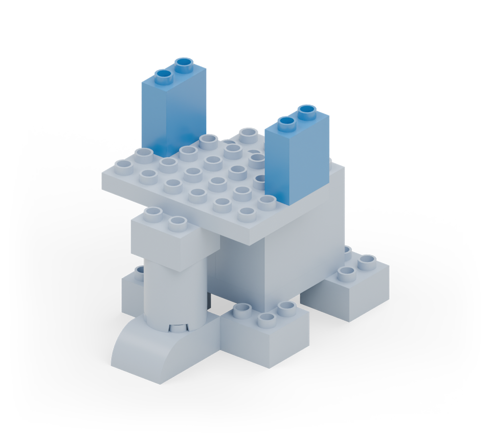 Add a blue wall brick at each side of the head plate for the broad upright ears. Keep both ears in the back half of the plate. New additions are shown in their original colours; earlier pieces are lighter.