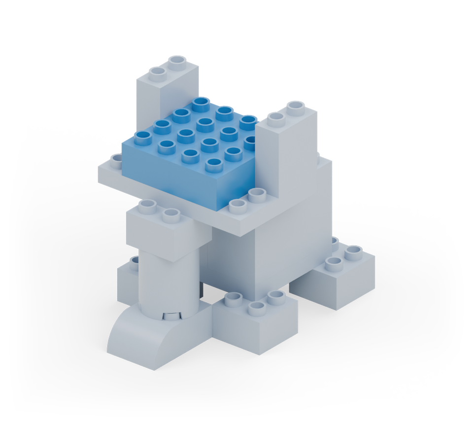 Fill the head between the ears with two blue long bricks running from back to front. New additions are shown in their original colours; earlier pieces are lighter.