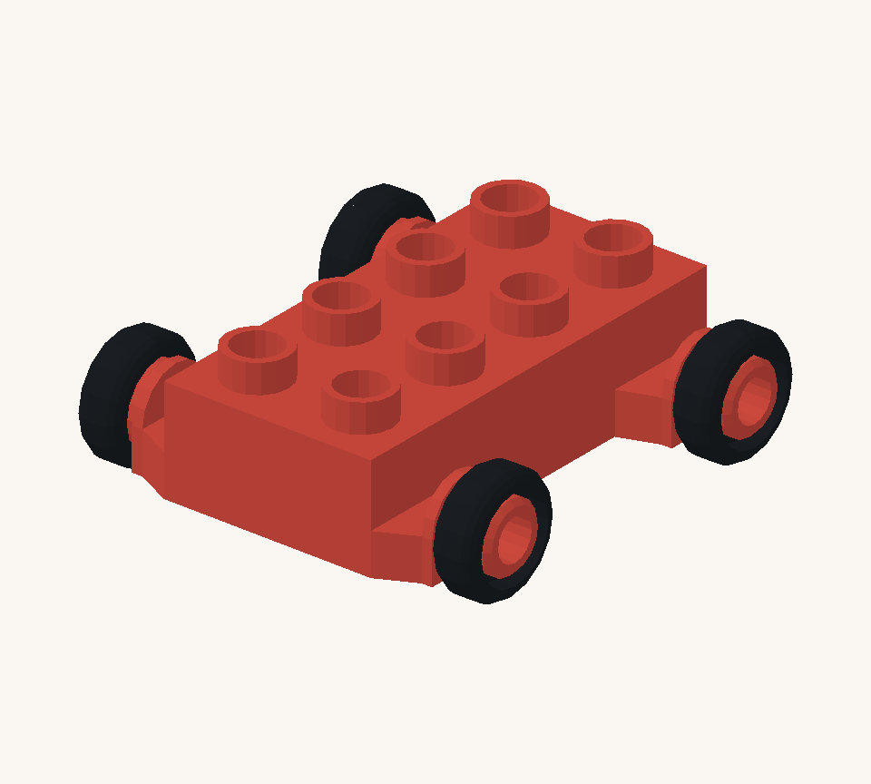 Set the red wheeled base down as the landing gear. Its four black wheels are already attached. Cover its eight top studs with the red small plate. New additions are shown in their original colours; earlier pieces are lighter.