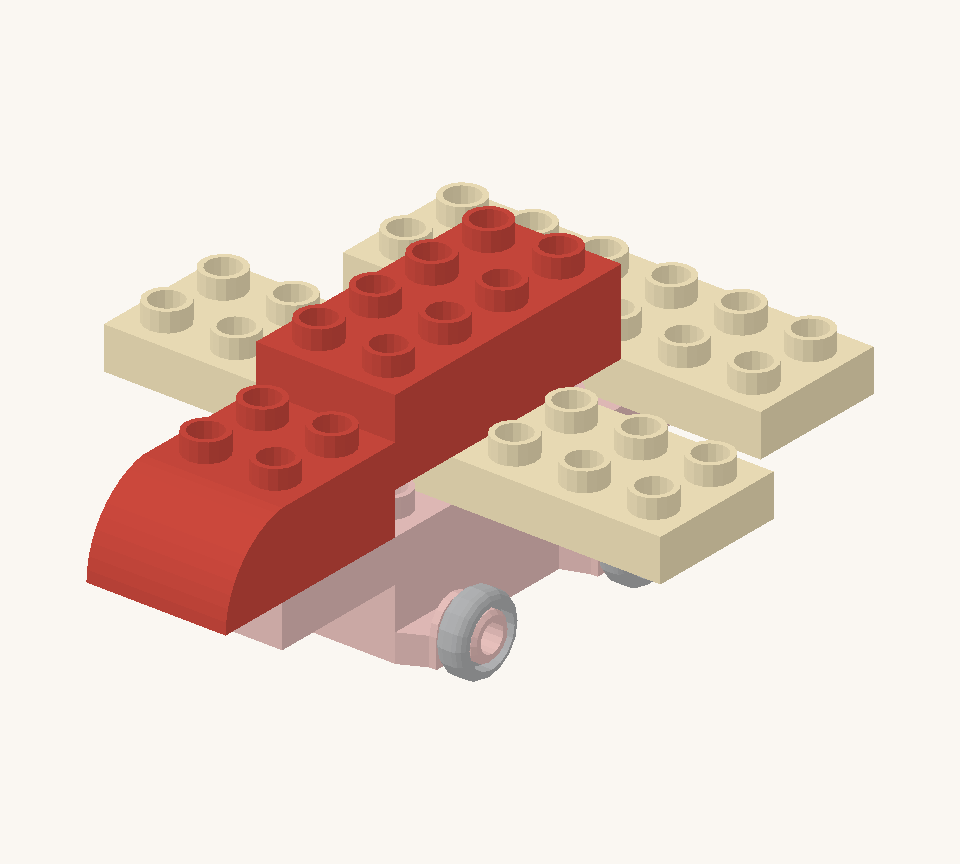 Lay a red long brick along the centre above the lower wing, with one row behind the wing and one in front. Add a red curve to the front of the spine, rounded nose pointing forward. New additions are shown in their original colours; earlier pieces are lighter.