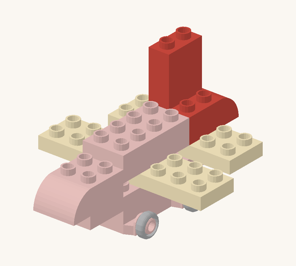 Set a red curve along the centre of the tailplane with its rounded end pointing backward. Put the narrow red wall brick on its two flat rows as an upright tail fin. New additions are shown in their original colours; earlier pieces are lighter.