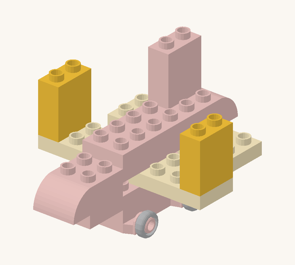Stand a yellow wall brick at each end of the lower wing. These two struts support the upper wing. New additions are shown in their original colours; earlier pieces are lighter.