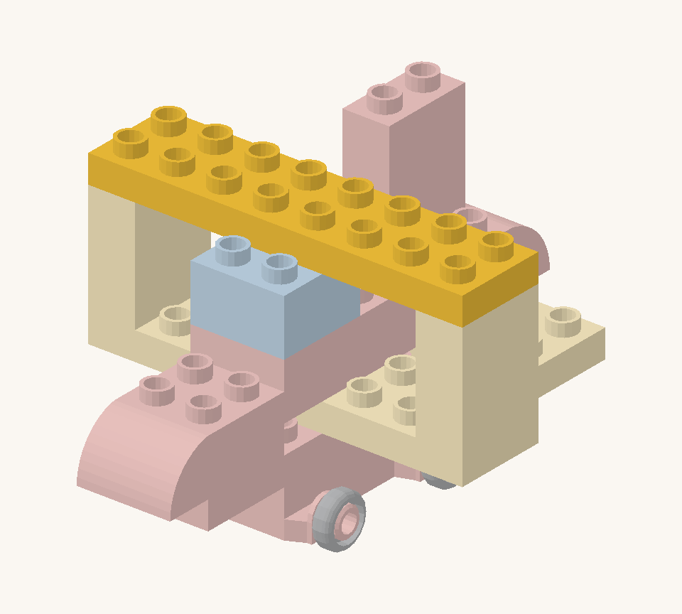 Bridge the two struts with the yellow long plate. Line it up with the lower wing; its front row also connects to the cockpit. New additions are shown in their original colours; earlier pieces are lighter.