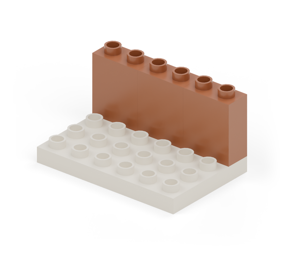 Step 2: Build the far wall with three brown narrow, double-height wall bricks. Turn them across the plate, end to end along the far edge.
