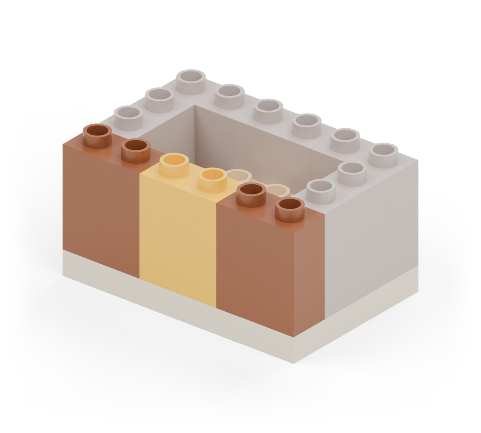 Step 5: Finish the near wall with three wall bricks: brown, yellow, brown. The yellow one is the pretend clasp.