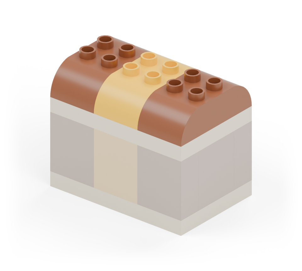 Step 7: Add three double-curved bricks side by side: brown, yellow, brown. Run their four-stud lengths from back to front. The yellow stripe lines up with the clasp.