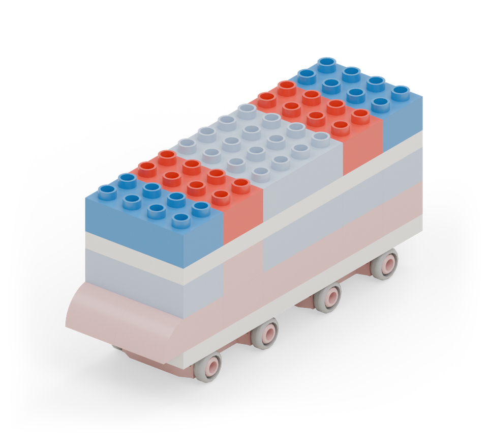 Step 10: Finish the upper deck: blue bricks across the back and front two rows, with red bricks across the two rows just in front of the back window and just behind the front window.