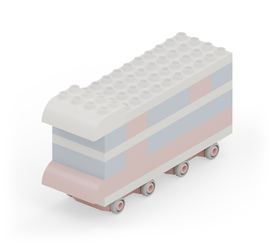 Step 12: Finish the roof with two white curved bricks side by side over the front window. Their rounded ends point forwards, matching the red front below.
