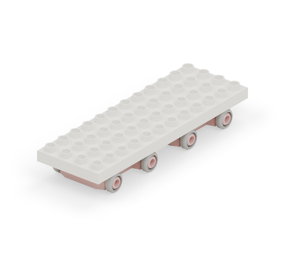 Step 2: Lay two white 4 × 6 plates end to end along the chassis. Their short ends meet above the gap. Leave one row projecting beyond each end of the chassis.