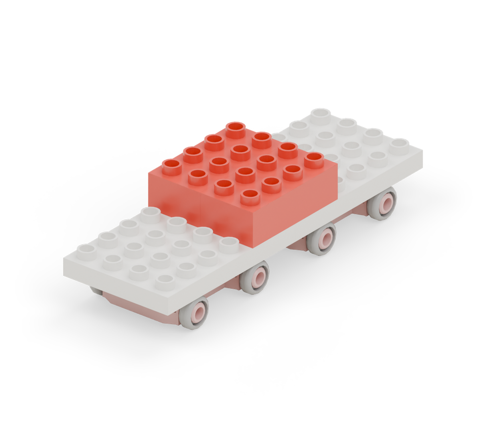 Step 3: Join the floor halves with two red 2 × 4 bricks side by side. Each brick crosses the floor join, covering two rows on either side.