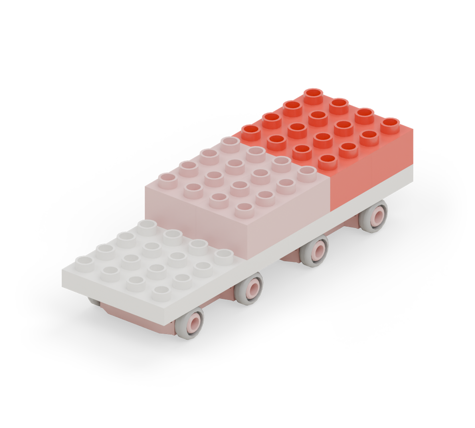 Step 4: Fill the back four rows with two red 2 × 4 bricks turned across the bus, one behind the other.