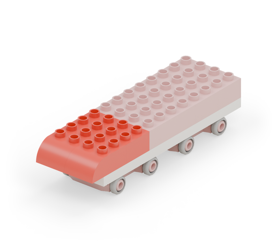 Step 5: Put a red 2 × 4 brick across the two rows in front of the join. Add two red curved bricks side by side at the front, rounded ends pointing forwards.