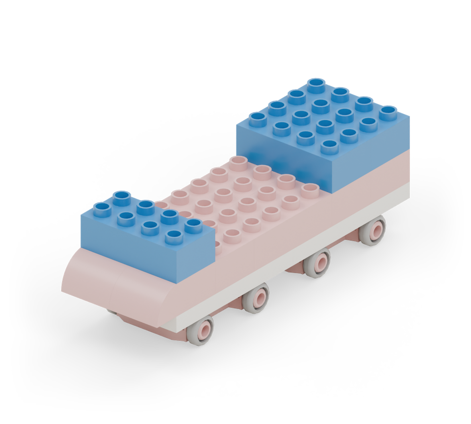 Step 6: Build the lower window row from the back forwards. Put blue 2 × 4 bricks across the back, the next two rows and the front two rows. Leave the middle four rows and the two rows behind the front clear.