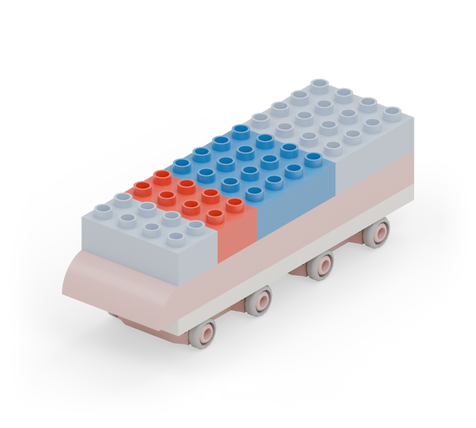 Step 7: Fill the middle four rows with two blue 2 × 4 bricks side by side. Put a red 2 × 4 brick across the two remaining rows, just behind the front window, as a solid pillar.