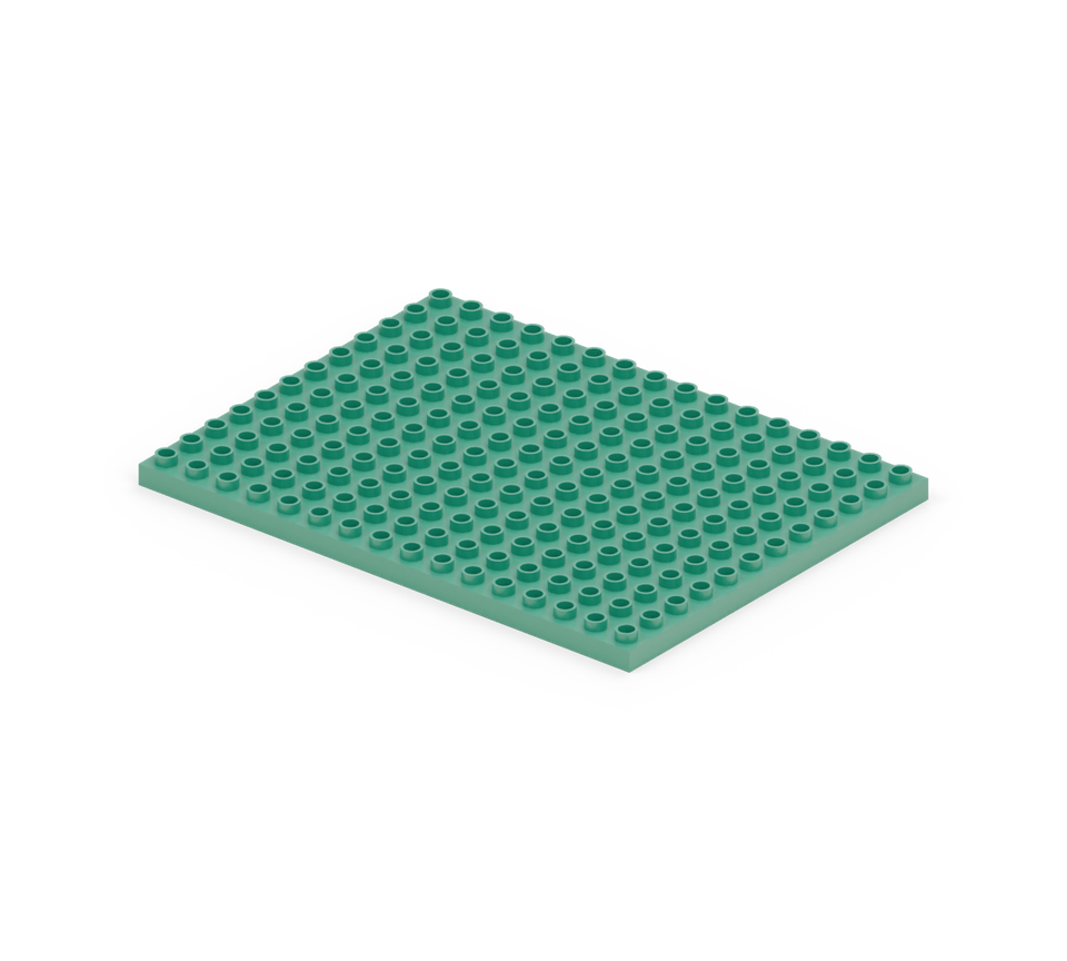 Make a sixteen-by-twelve foundation from six green base plates. Each plate runs eight studs across and four from back to front. New additions are shown in their original colours; earlier pieces are lighter.