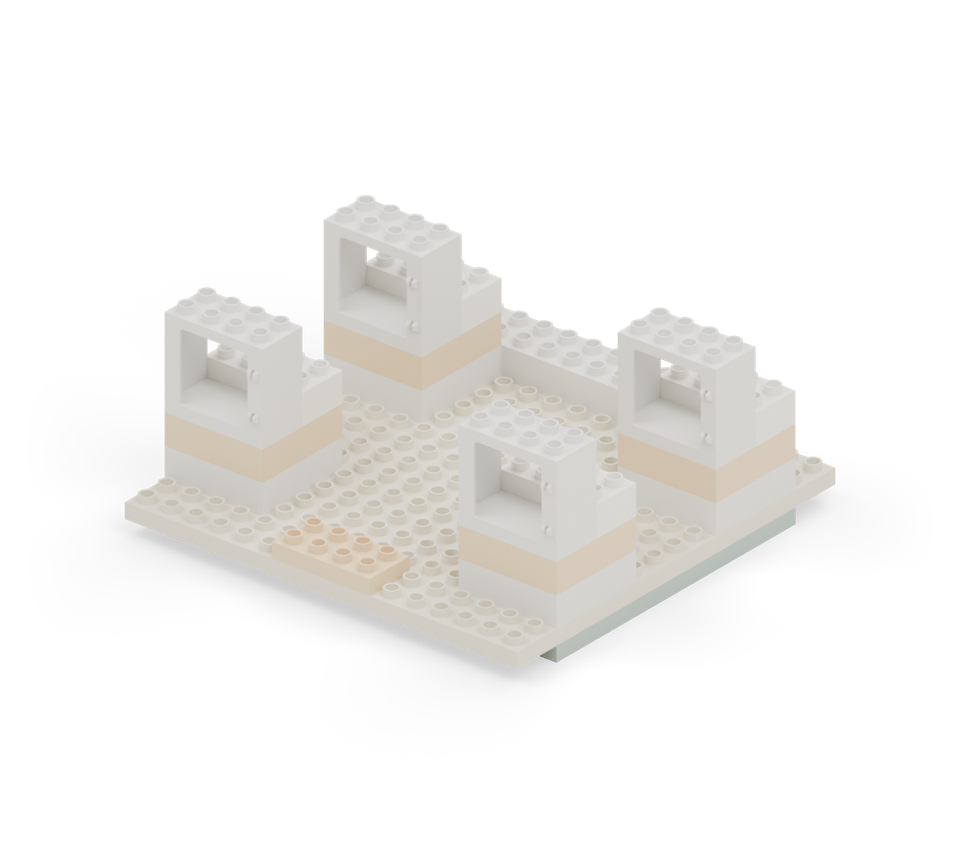 Place one white long brick behind each tower window, across the back half of the tower. Keep the front openings clear. New additions are shown in their original colours; earlier pieces are lighter.