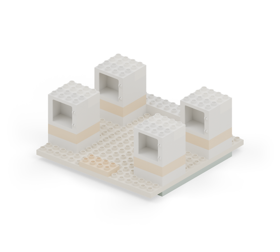 Add a third white long brick behind each tower window. The backs of the towers are now level with the window frames. New additions are shown in their original colours; earlier pieces are lighter.
