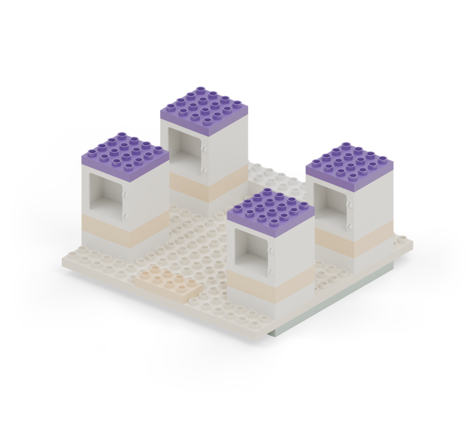 Cap the four towers with purple square plates, aligned with the tower walls. New additions are shown in their original colours; earlier pieces are lighter.