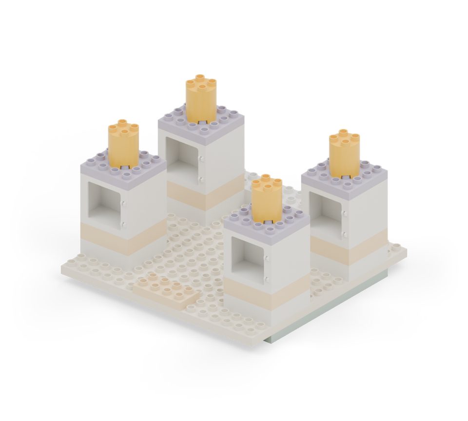 Centre a yellow round tower brick on each purple roof, leaving one row of purple studs around it. New additions are shown in their original colours; earlier pieces are lighter.