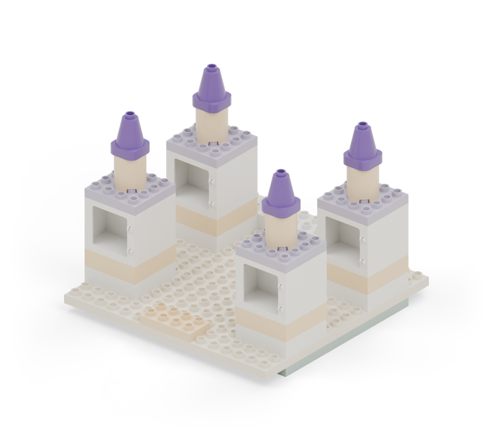 Finish each turret with a purple tower cone. Its small top stud stays free. New additions are shown in their original colours; earlier pieces are lighter.