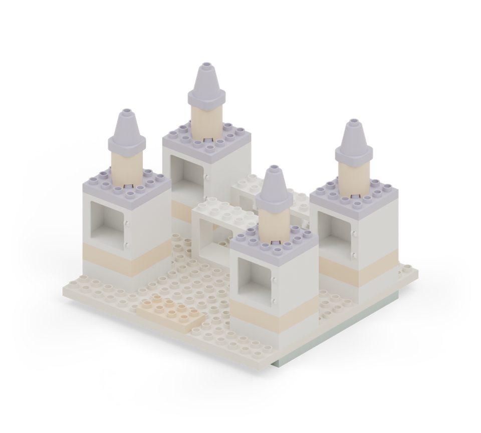 Build the lower hall: four white window frames, two across the back and two across the front. Leave a two-row passage between front and back walls. New additions are shown in their original colours; earlier pieces are lighter.