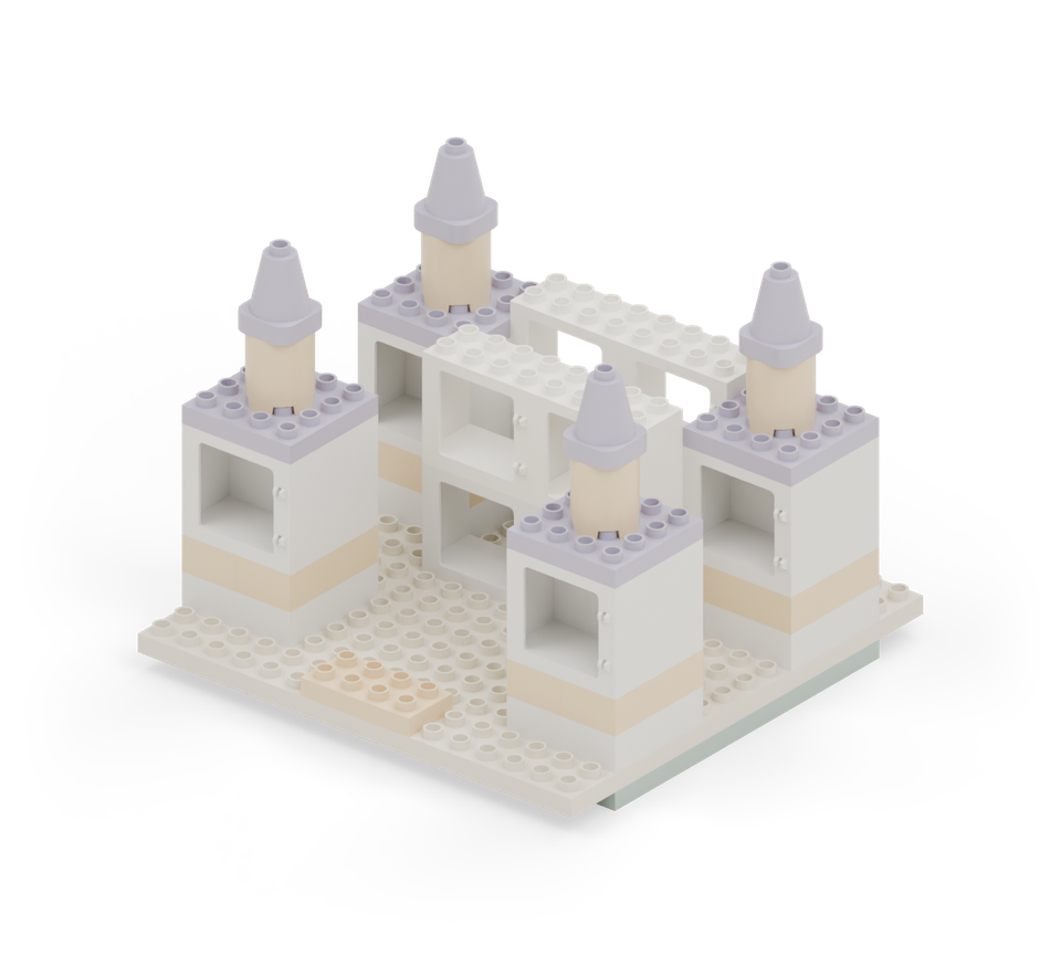 Build the upper hall: four white window frames, two across the back and two across the front. Leave a two-row passage between front and back walls. New additions are shown in their original colours; earlier pieces are lighter.