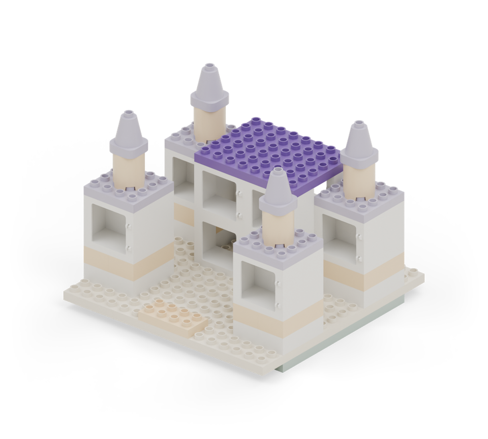 Roof the hall with two purple wide plates, side by side. Each covers four studs across and six front to back. New additions are shown in their original colours; earlier pieces are lighter.