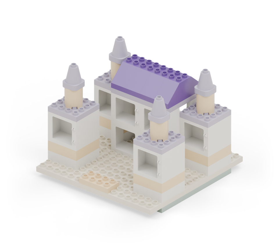 Add eight purple tall roof slopes. Point the low ends outward to the back and front, with the high edges meeting at the middle ridge. New additions are shown in their original colours; earlier pieces are lighter.