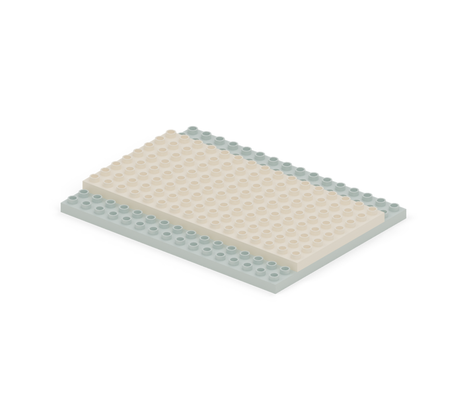 Add four cream base plates lengthways through the middle, two rows in from the back. They cross the seams in the green foundation. New additions are shown in their original colours; earlier pieces are lighter.